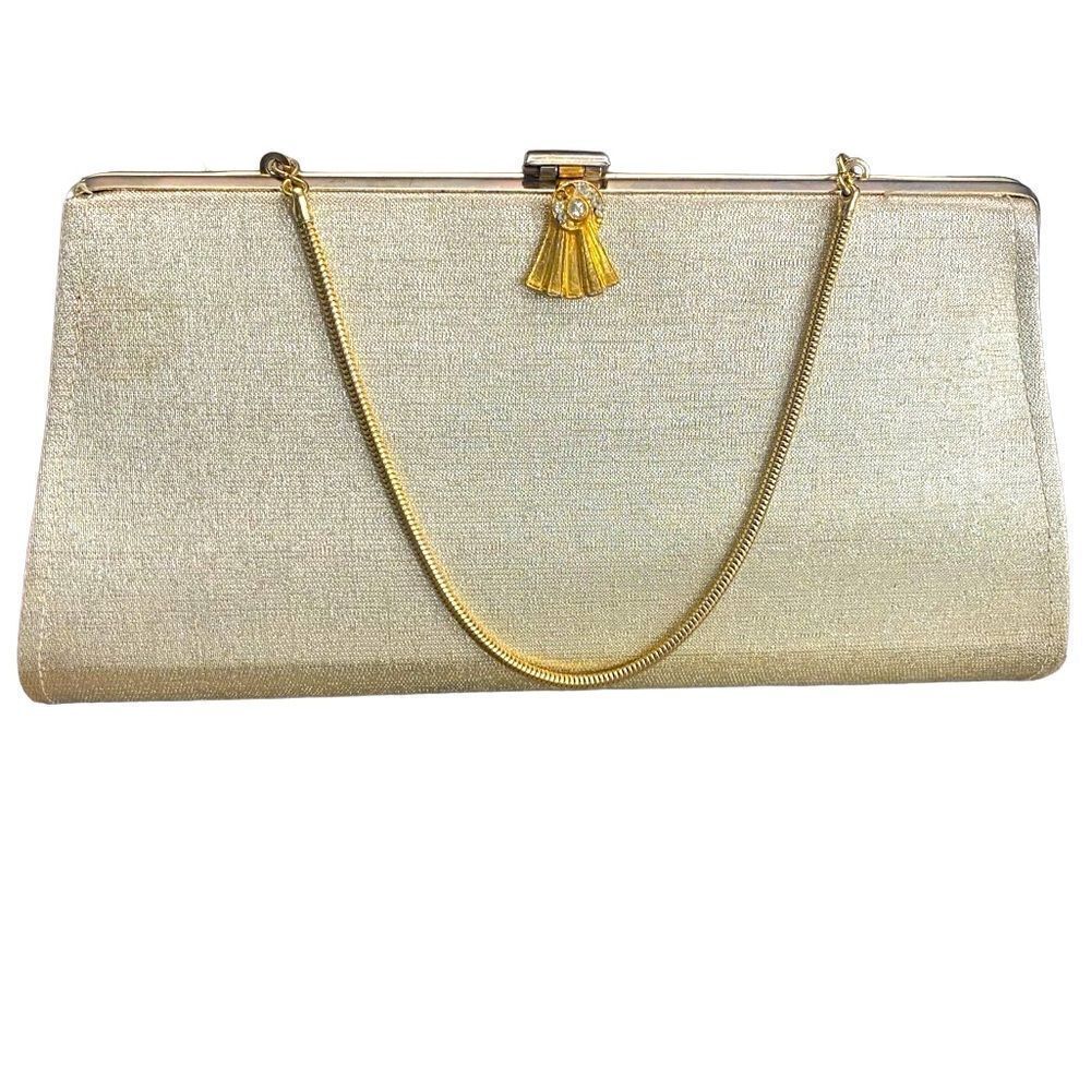 Vintage Gold Metallic Evening Clutch with Tassel & Rhinestone